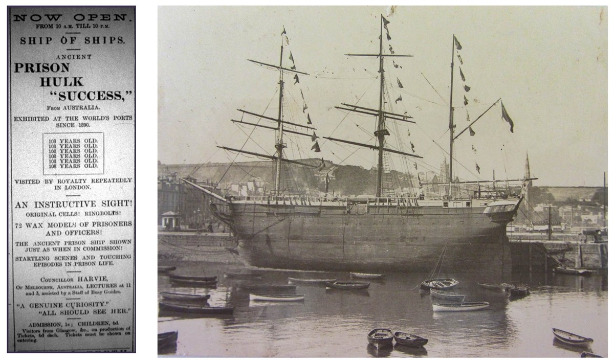 1. newspaper advert. 2. photo of ship moored at quayside.